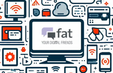 Bildschirm mit fat-Logo, drum herum Muster mit Technik-Akzenten, dekoratives Element