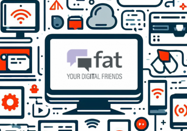 Bildschirm mit fat-Logo, drum herum Muster mit Technik-Akzenten, dekoratives Element